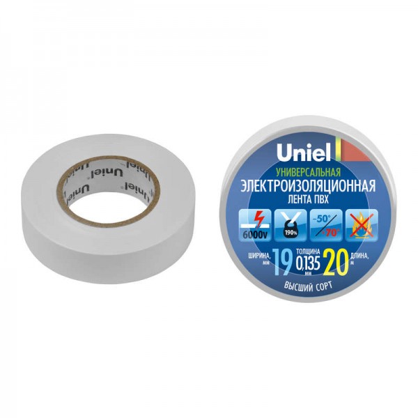 Лента изоляционная UIT-135P 20/19/01 WHT 20м 19мм 0.135мм бел. Uniel 04481 