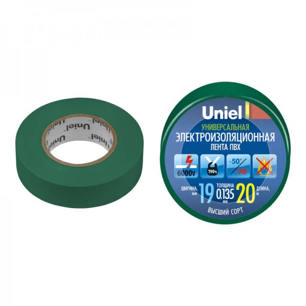  Лента изоляционная UIT-135P 20/19/01 GRN 20м 19мм 0.135мм зел. Uniel 04480 