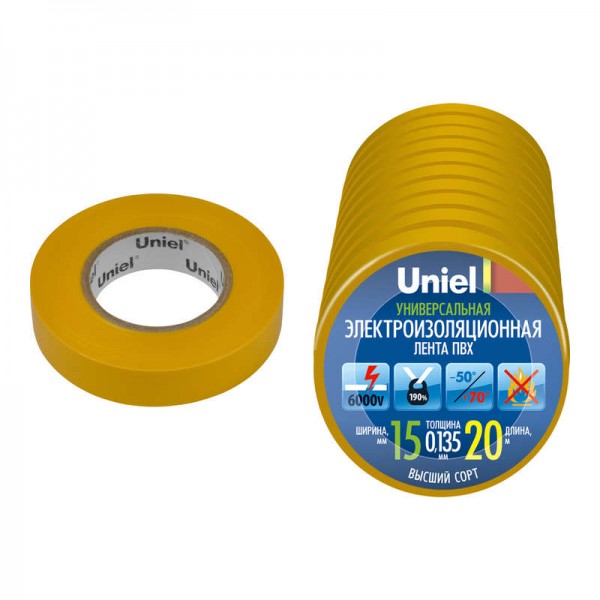  Лента изоляционная UIT-135P 20/15/10 YEL 0.135х15 20м (уп.10шт) желт. Uniel 04506 