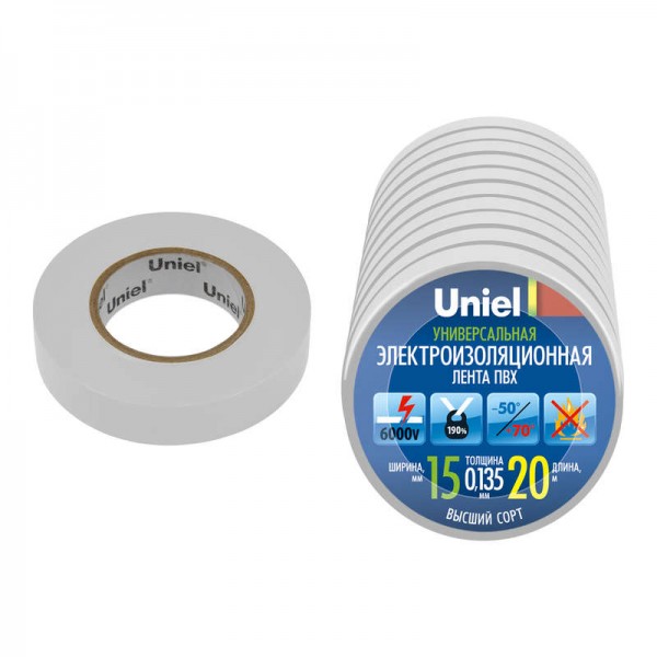  Лента изоляционная UIT-135P 20/15/10 WHT 0.135х15 20м (уп.10шт) бел. Uniel 04505 