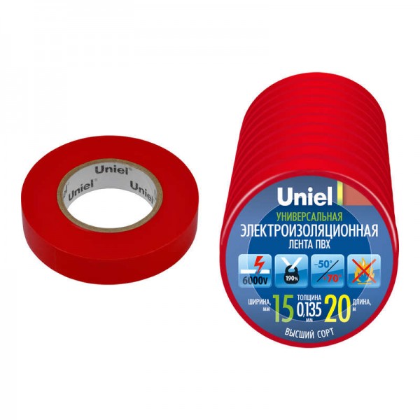  Лента изоляционная UIT-135P 20/15/10 RED 0.135х15 20м (уп.10шт) красн. Uniel 04504 