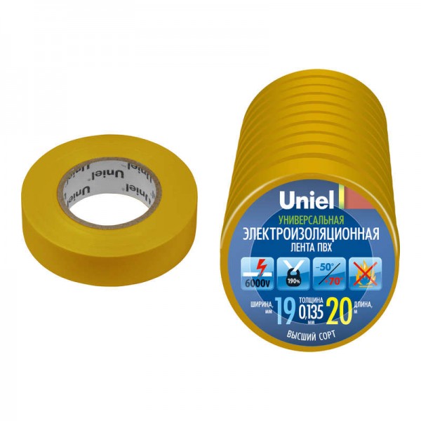  Лента изоляционная UIT-135P 20/19/10 YEL 20м 19мм 0.135мм (уп.10шт) желт. Uniel 04497 
