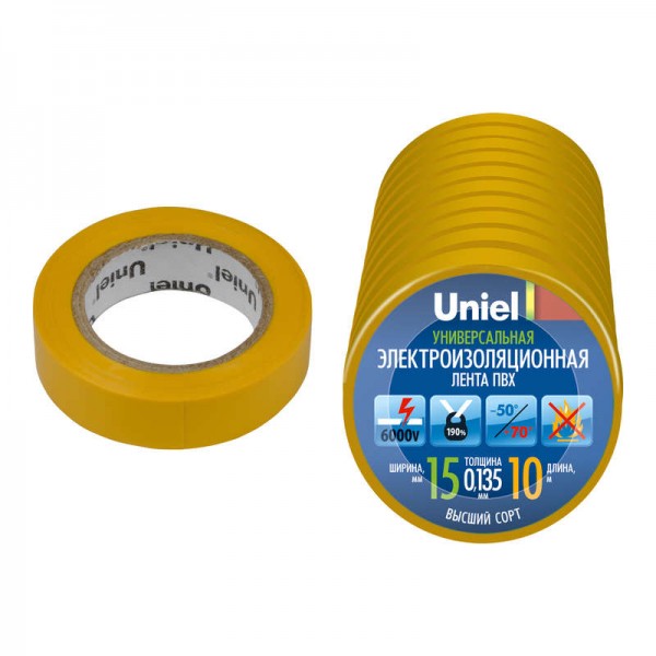  Лента изоляционная UIT-135P 10/15/10 YEL 10м 15мм 0.135мм (уп.10шт) желт. Uniel 04522 