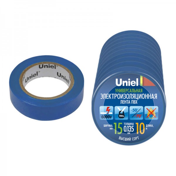  Лента изоляционная UIT-135P 10/15/10 BLU 10м 15мм 0.135мм (уп.10шт) син. Uniel 04518 