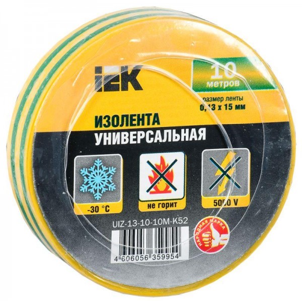  Изолента ПВХ 0.13х15мм (рул.10м) желт./зел. IEK UIZ-13-10-10M-K52 