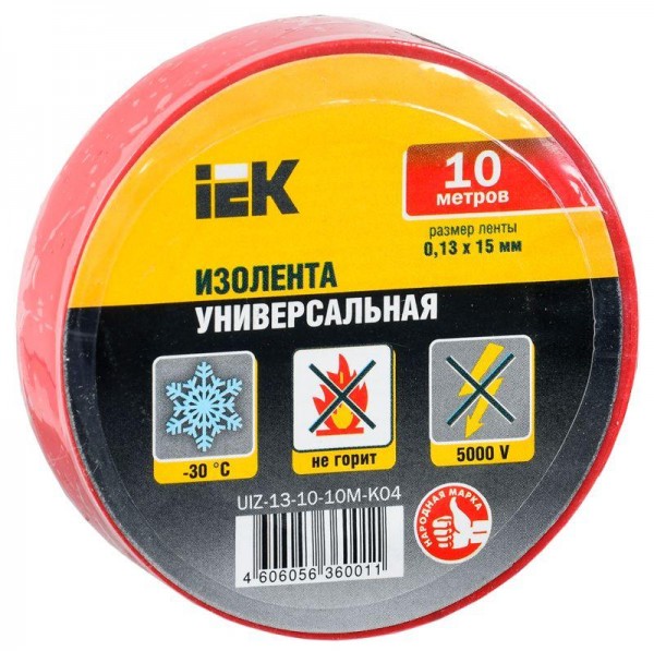  Изолента ПВХ 0.13х15мм (рул.10м) красн. IEK UIZ-13-10-10M-K04 