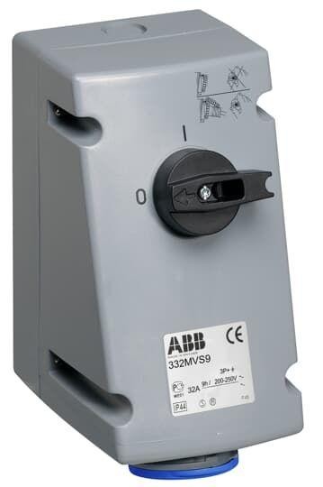  Розетка с выключателем и механической блокировкой 332MVS9 32A 3P+E IP44 9ч ABB 2CMA167702R1000 