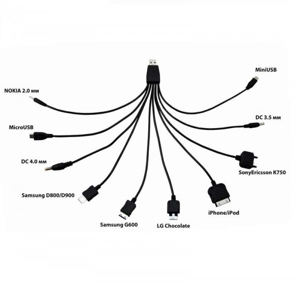  Кабель USB 10 в 1 microUSB/miniUSB/30 pin/LG Chocolate/Samsung/SonyEricsson/DC 3.5/DC 4.0/Nokia Rexant 18-1196 