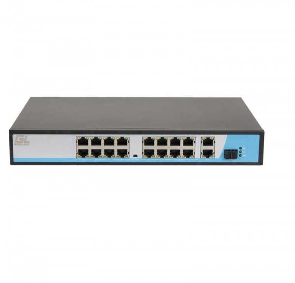  Коммутатор неуправляемый 16PoE(802.3af) порта 10/100Мбит/с до 250м cat6 2х1000Mбит/с+1хSFP 300Вт GIGALINK GL-SW-F005-16P 