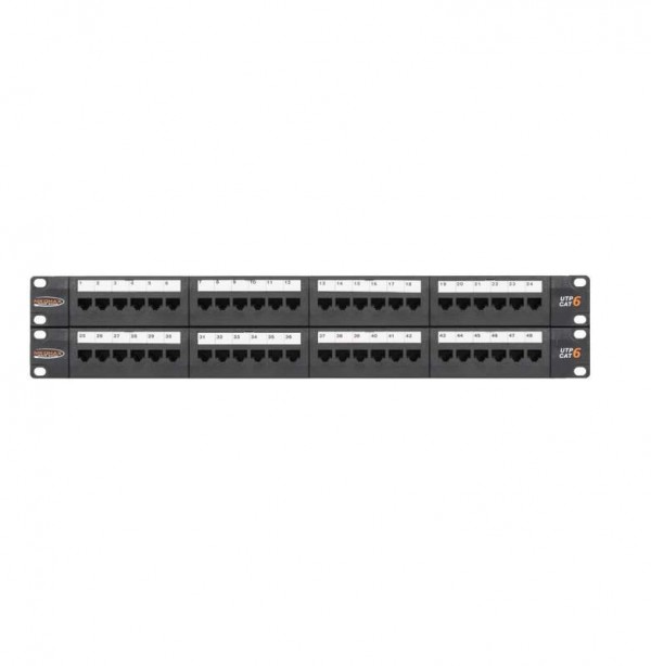  Патч-панель 19дюйм 2U 48 портов кат.6 (класс E) 250МГц RJ45/8P8C 110/KRONE T568A/B неэкран. с органайзерами черн. NIKOMAX NMC-RP48UE2-2U-BK 