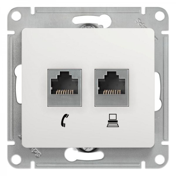  Механизм розетки комп. + телеф. 2-м СП Glossa RJ11 + RJ45 бел. SchE GSL000185 