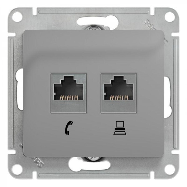  Механизм розетки комп. + телеф. 2-м СП Glossa RJ11 + RJ45 CAT.5E алюм. SchE GSL000385 