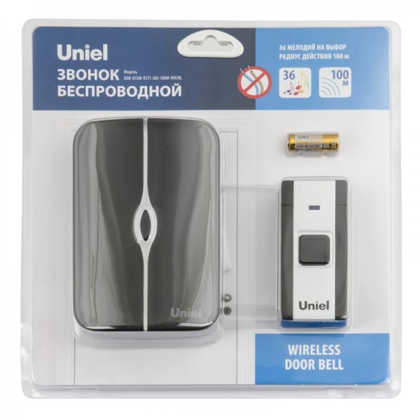  Звонок беспроводной UDB-015W-R1T1-36S-100M-WH/BL 36 мелодий радиус действия 100м блист. бел./черн. Uniel UL-00006434 
