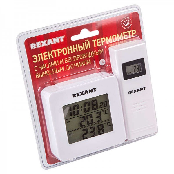  Термометр электронный с часами и беспроводным выносным датчиком (блист.) Rexant 70-0592 