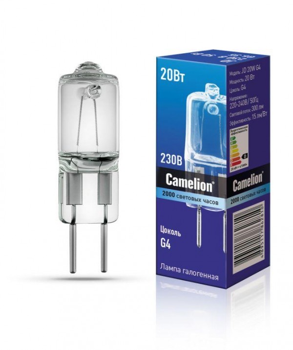  Лампа галогенная JD 20Вт капсула g4 2850К 240В g4 Camelion 10405 