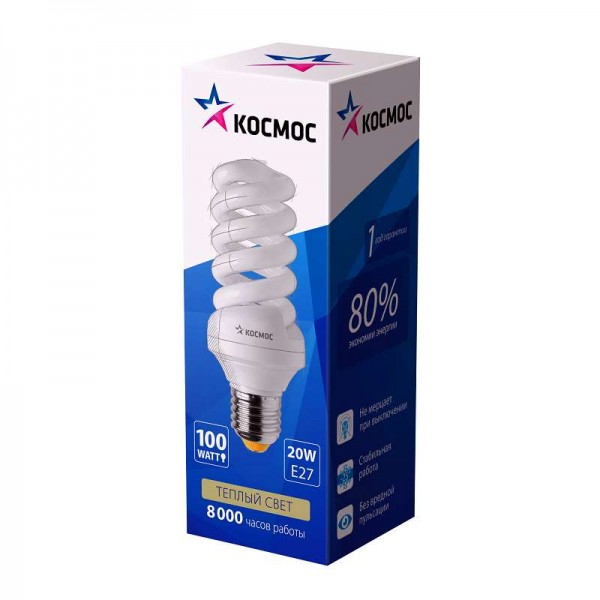  Лампа люминесцентная компакт. SPC 20Вт E27 спиральная 2700К Т3 КОСМОС LKsmSPC20wE2727 