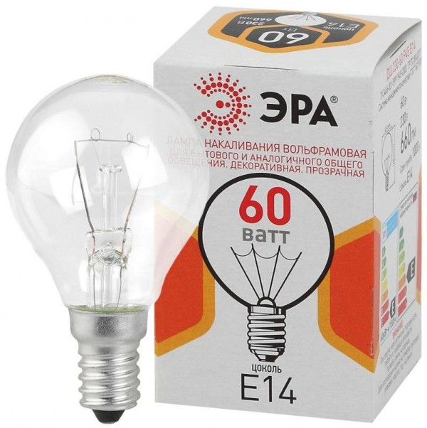  Лампа накаливания ДШ 60-230-E14-CL 60Вт шар (P45) 230В Е14 ЭРА Б0039138 