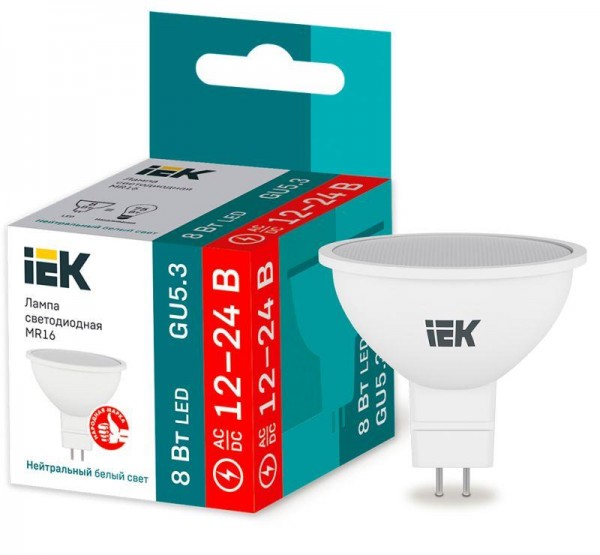  Лампа светодиодная MR16 софит 8Вт 12-24В 4000К GU5.3 (низковольтная) ИЭК LLE-MR16-08-12-24-40-GU5 