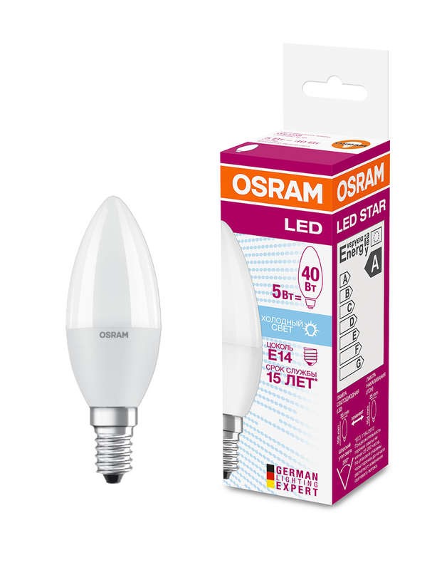  Лампа светодиодная LED STAR CLASSIC B 40 5W/840 5Вт свеча 4000К нейтр. бел. E14 470лм 220-240В матов. пласт. OSRAM 4058075056886 