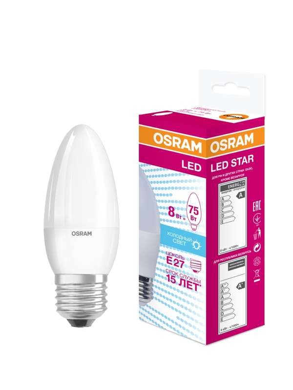  Лампа светодиодная LED STAR CLASSIC B 75 8W/840 8Вт свеча 4000К нейтр. бел. E27 806лм 220-240В матов. пласт. OSRAM 4058075210776 