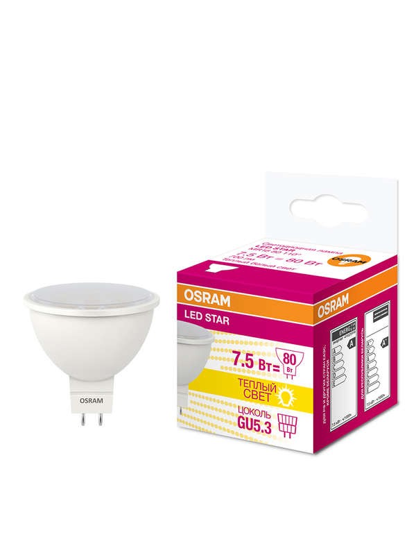  Лампа светодиодная LED STAR MR16 7.5W/830 (замена 75Вт) 7.5Вт пласт. 3000К тепл. бел. GU5.3 700лм 110 град. 220-240В OSRAM 4058075229068 