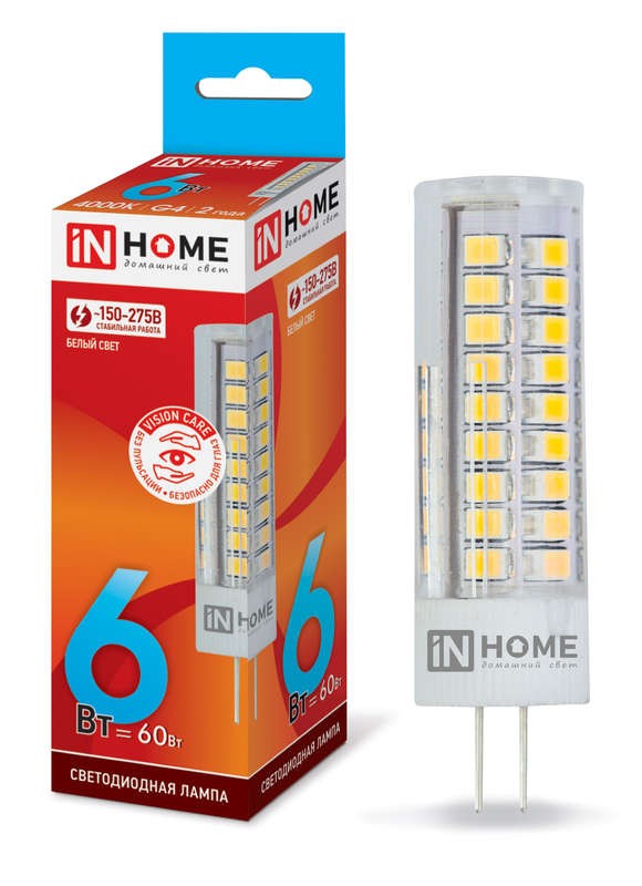  Лампа светодиодная LED-JCD-VC 6Вт 230В G4 4000К 540лм IN HOME 4690612028613 