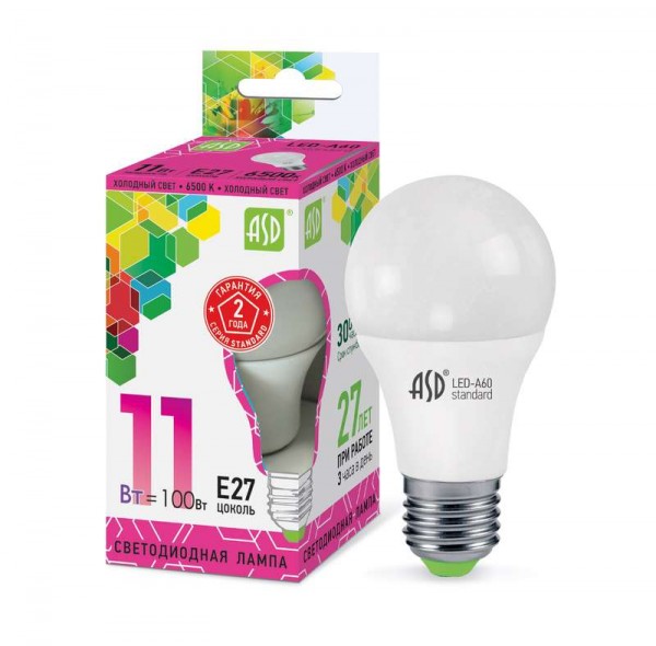  Лампа светодиодная LED-A60-standard 11Вт грушевидная 230В E27 6500К 990Лм ASD 4690612014197 