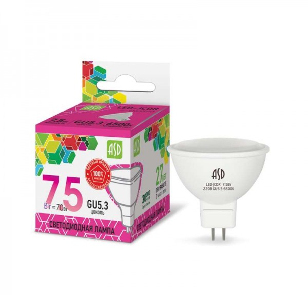  Лампа светодиодная LED-JCDR-standard 7.5Вт 230В GU5.3 6500К 675Лм ASD 4690612012278 