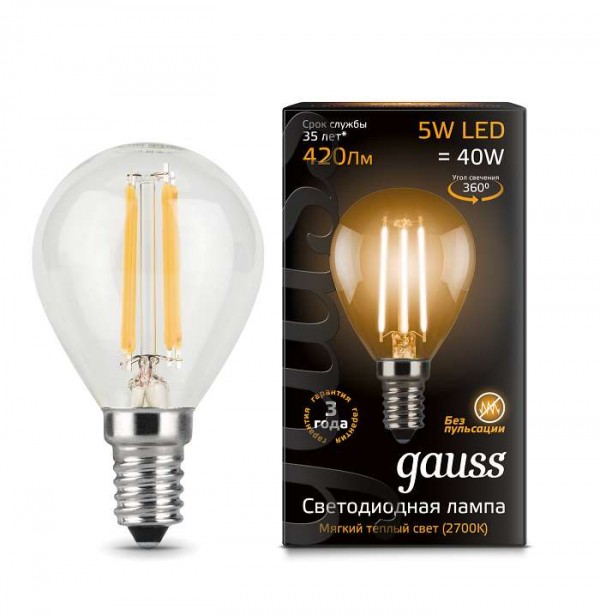  Лампа светодиодная Black Filament Шар E14 5Вт 2700К Gauss 105801105 