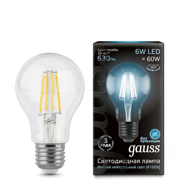  Лампа светодиодная Black Filament А60 E27 6Вт 4100К Gauss 102802206 