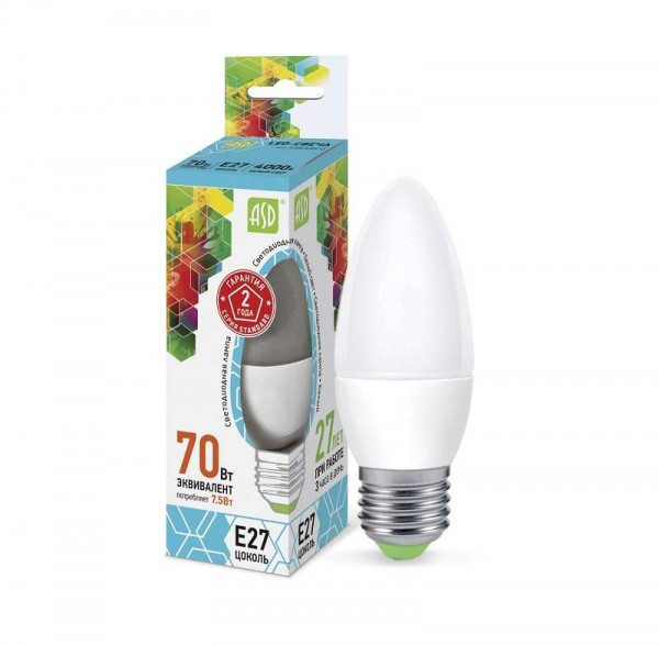  Лампа светодиодная LED-СВЕЧА-standard 7.5Вт СВЕЧА 4000К бел. E27 675лм 160-260В ASD 4690612003955 