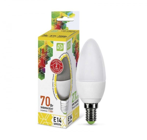  Лампа светодиодная LED-свеча-standard 7.5Вт свеча 3000К тепл. бел. E14 675лм 160-260В ASD 4690612003924 