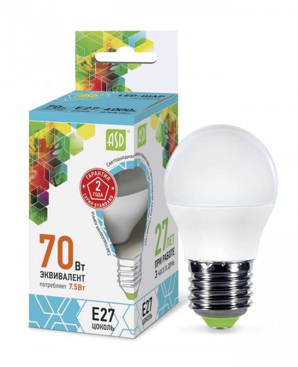  Лампа светодиодная LED-ШАР-standard 7.5Вт ШАР 4000К бел. E27 675лм 160-260В ASD 4690612003993 