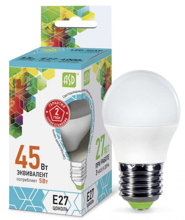  Лампа светодиодная LED-ШАР-standard 5Вт ШАР 4000К бел. E27 450лм 160-260В ASD 4690612002187 