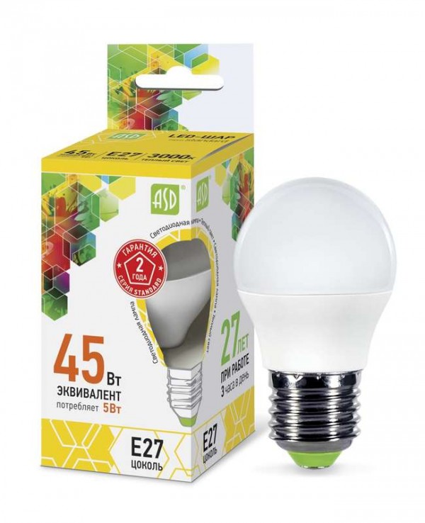  Лампа светодиодная LED-шар-standard 5Вт шар 3000К тепл. бел. E27 450лм 160-260В ASD 4690612002163 