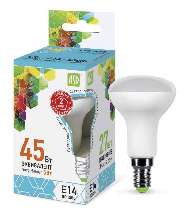  Лампа светодиодная LED-R50-standard 5Вт 4000К бел. E14 450лм 160-260В ASD 4690612001517 