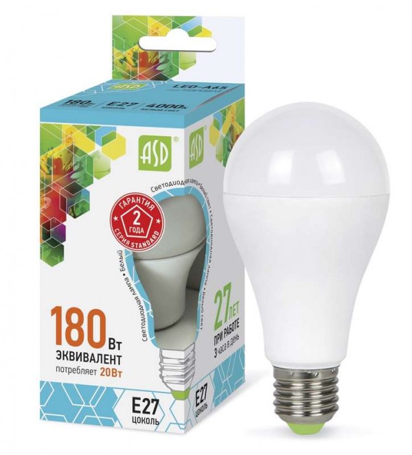  Лампа светодиодная LED-A60-standard 20Вт грушевидная 4000К бел. E27 1800лм 160-260В ASD 4690612004204 