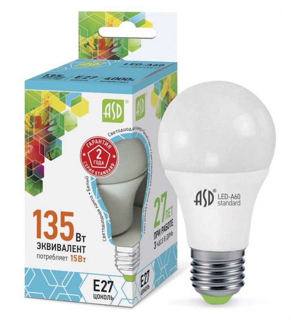  Лампа светодиодная LED-A60-standard 15Вт грушевидная 4000К бел. E27 1350лм 160-260В ASD 4690612002101 
