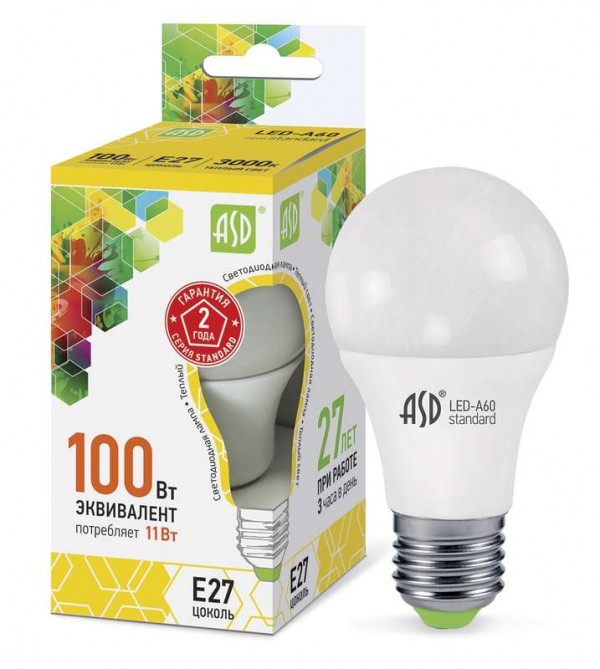 Лампа светодиодная LED-A60-standard 11Вт грушевидная 3000К тепл. бел. E27 990лм 160-260В ASD 4690612001739 
