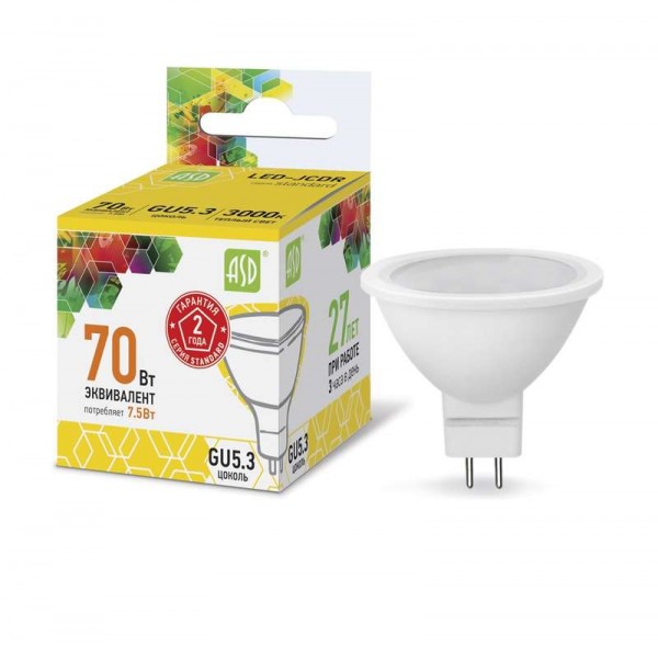  Лампа светодиодная LED-JCDR-standard 7.5Вт 3000К тепл. бел. GU5.3 675лм 160-260В ASD 4690612002286 
