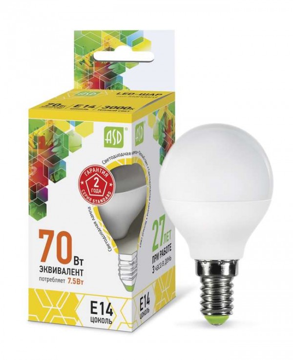  Лампа светодиодная LED-шар-standard 7.5Вт шар 3000К тепл. бел. E14 675лм 160-260В ASD 4690612003962 