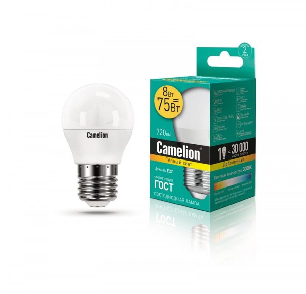  Лампа светодиодная LED8-G45/830/E27 8Вт шар 3000К тепл. бел. E27 720лм 170-265В Camelion 12392 