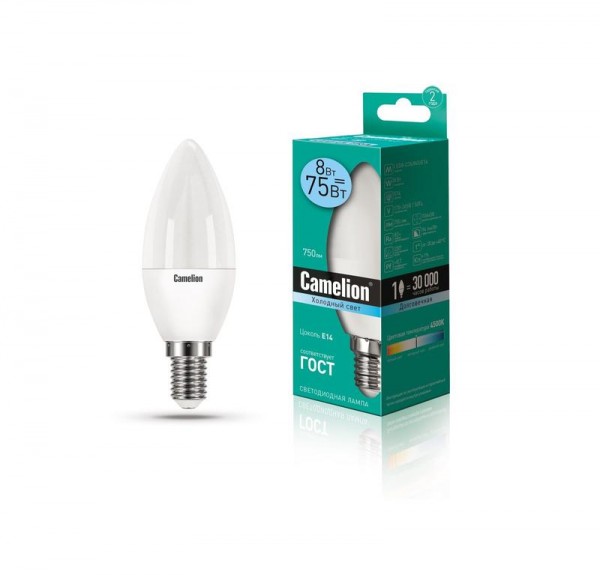  Лампа светодиодная LED8-C35/845/E14 8Вт свеча 4500К бел. E14 750лм 170-265В Camelion 12386 