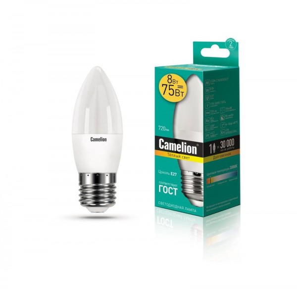  Лампа светодиодная LED8-C35/830/E27 8Вт свеча 3000К тепл. бел. E27 720лм 170-265В Camelion 12389 