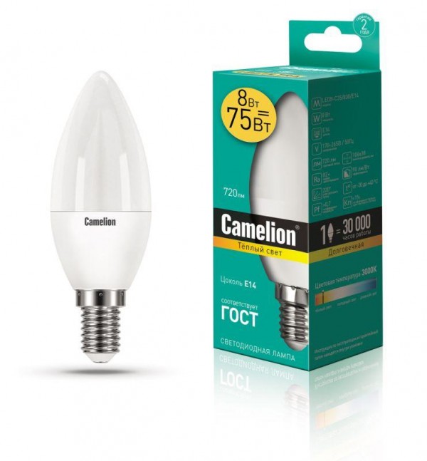  Лампа светодиодная LED8-C35/830/E14 8Вт свеча 3000К тепл. бел. E14 720лм 170-265В Camelion 12385 
