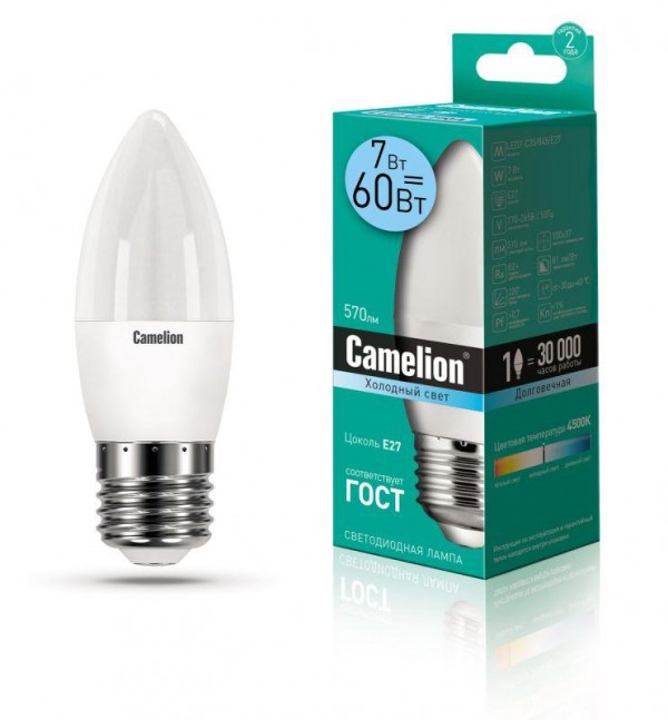  Лампа светодиодная LED7-C35/845/E27 7Вт свеча 4500К бел. E27 560лм 220В Camelion 12078 