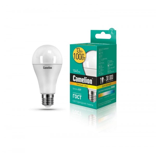  Лампа светодиодная LED13-A60/830/E27 13Вт грушевидная 3000К тепл. бел. E27 1045лм 220-240В Camelion 12045 