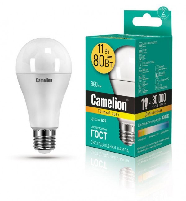  Лампа светодиодная LED11-A60/830/E27 11Вт грушевидная 3000К тепл. бел. E27 840лм 220-240В Camelion 12035 