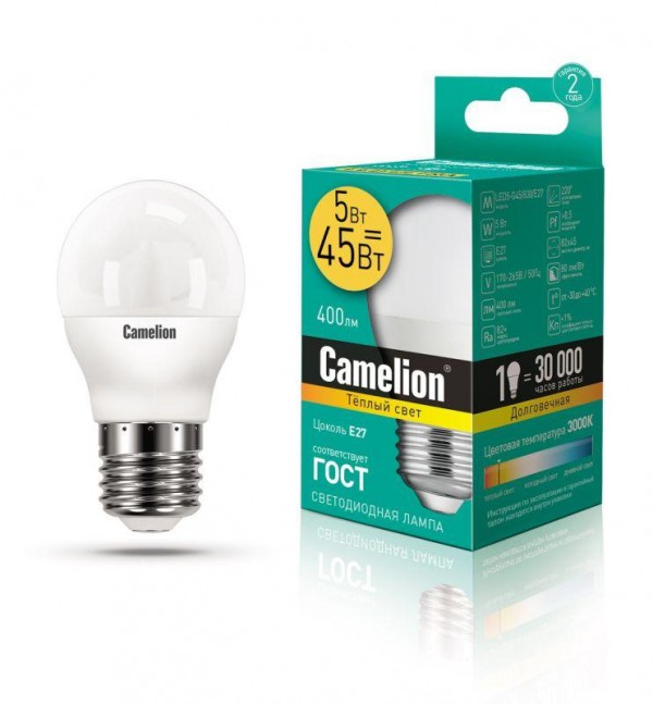  Лампа светодиодная LED5-G45/830/E27 5Вт шар 3000К тепл. бел. E27 390лм 220-240В Camelion 12028 