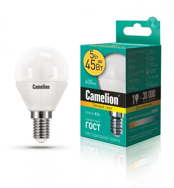  Лампа светодиодная LED5-G45/830/E14 5Вт шар 3000К тепл. бел. E14 390лм 220-240В Camelion 12027 